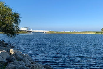 Bridge beyond lagoon of lake